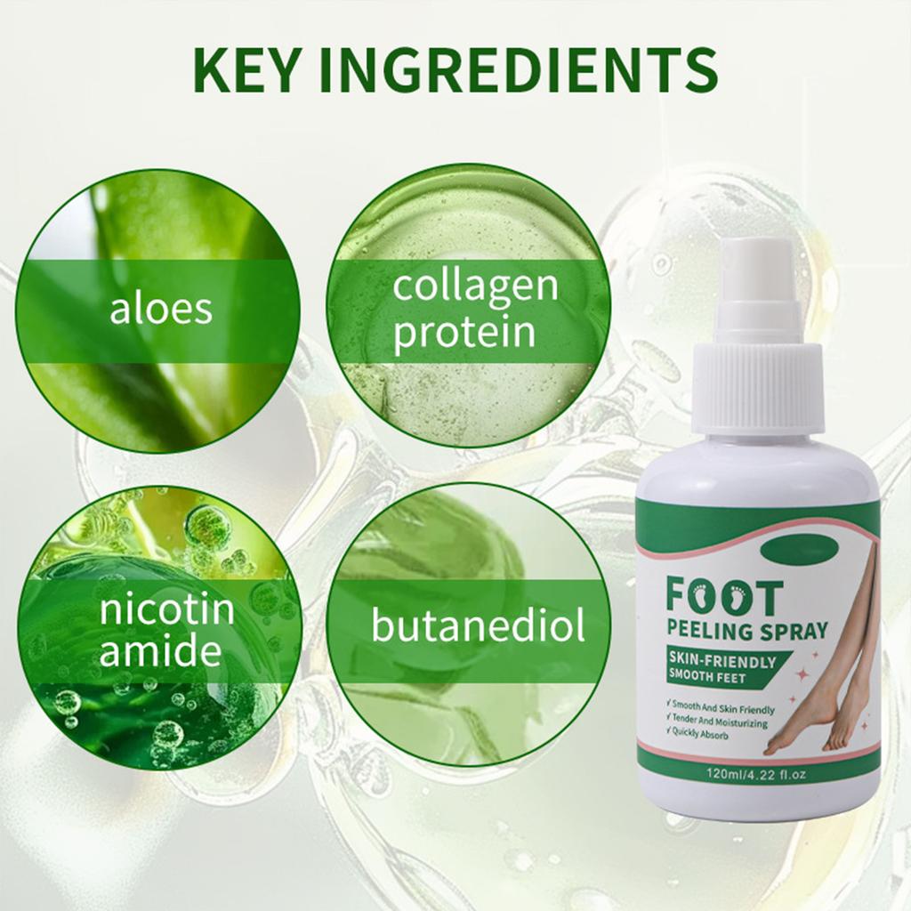 Мгновенный пилинг-спрей для ног, Спрей для пилинга ног, Мгновенно удаляет омертвевшую кожу, Увлажняет и питает, Отшелушивает сухую, шершавую кожу (120мл)