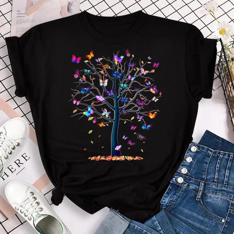 Women's Colorful Butterfly Petal Print T-shirt Short-sleeved Round Neck Cute Graphic Top