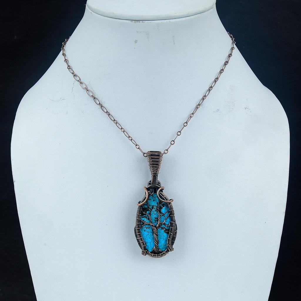 Tibetan Turquoise Pendant, 999 Copper Wire Wrapped Gemstone Jewelry, Handmade Pendant, For Thanksgiving