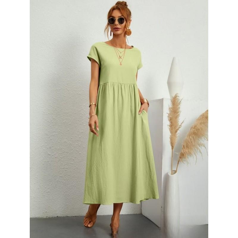Minimalist Cotton Linen Dress With Pockets For Spring Casual Wear