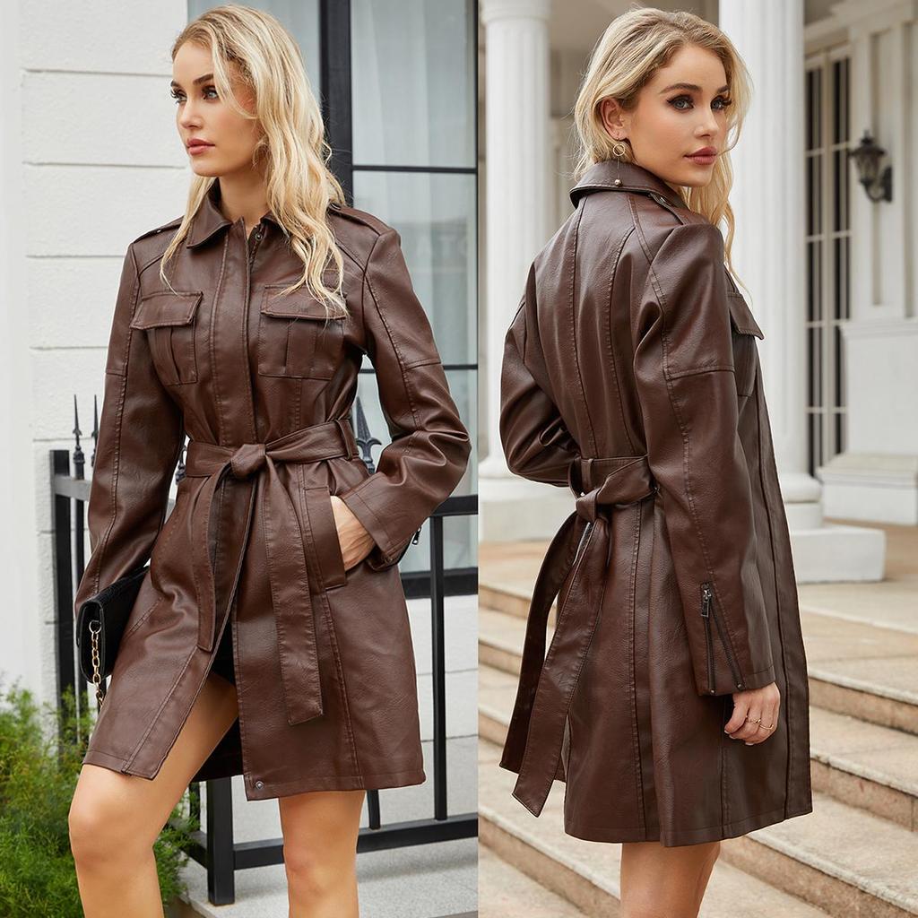 Женские тренчи, длинные куртки из искусственной кожи на молнии с поясными карманами, облегающее ветровое пальто из искусственной кожи, весенне-осенняя верхняя одежда