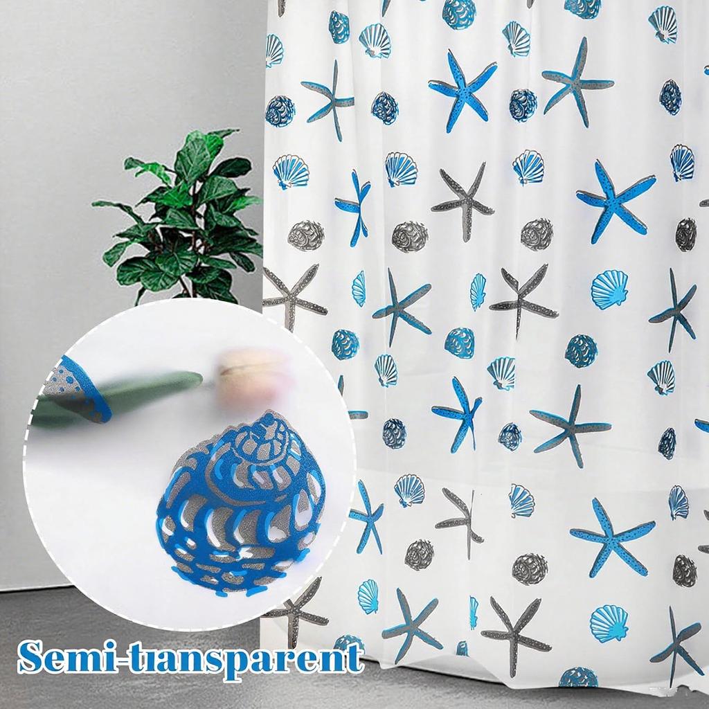 1Pc Starfish Print Semi-Transparent Shower Curtain With Plastic Hooks, 71*71Inches Lightweight Bathroom Curtain Bath Curtain