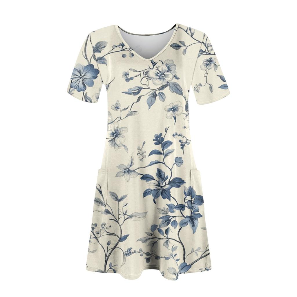 Women's Summer V-neck Casual Beach Dress Short Sleeve Floral Print Dress