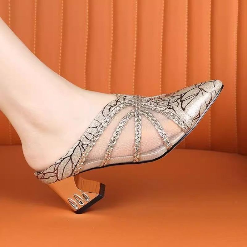 Туфли-шлепанцы с необычным каблуком и закрытым носком, женские, с острым носком, с мелким вырезом, с сетчатой вставкой, нескользящие, полузакрытые