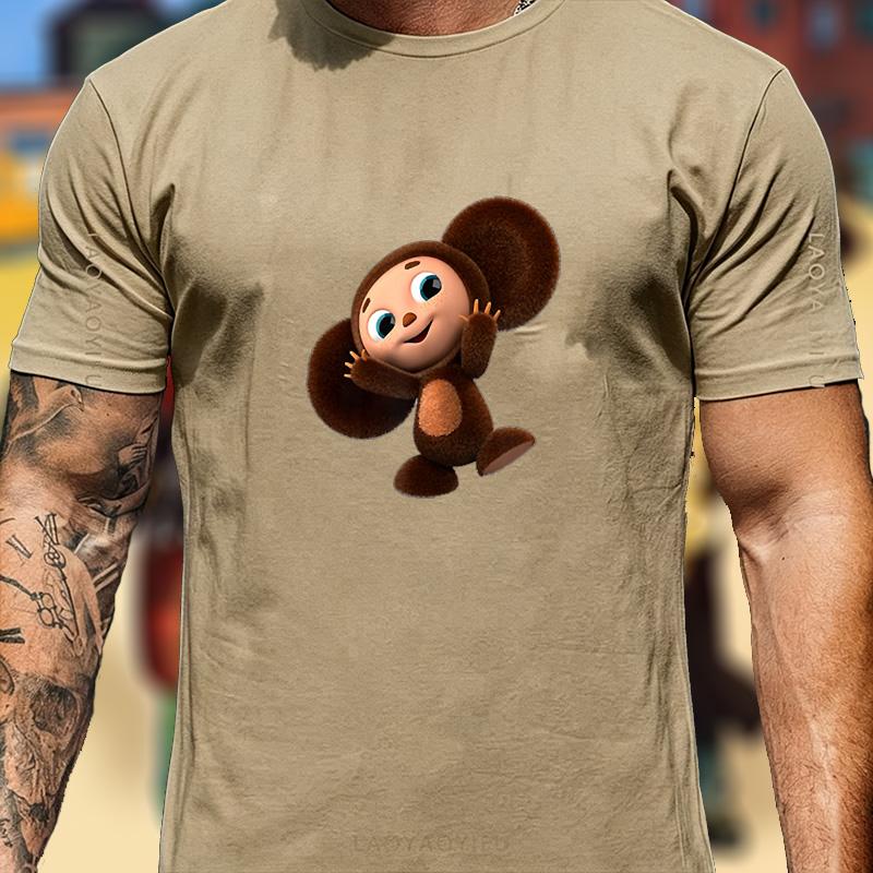 Cute Cheburashka Monkey T Shirt Unisex Russian Cartoon Cyrillic Text Art Print Cotton Animation Lover Outdoor Casual Tee