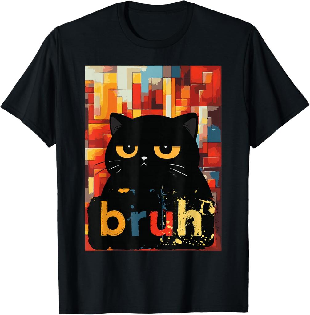 Bruh Black Cat Funny Meme Graphic TShirt Casual Short Sleeve Cotton Crew Neck Tee