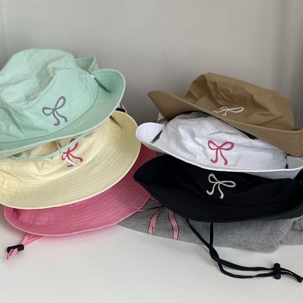 Sunscreen Bucket Hat Spring Summer Bow Strap Bucket Hats New Fishing Caps  For Outdoor Camping