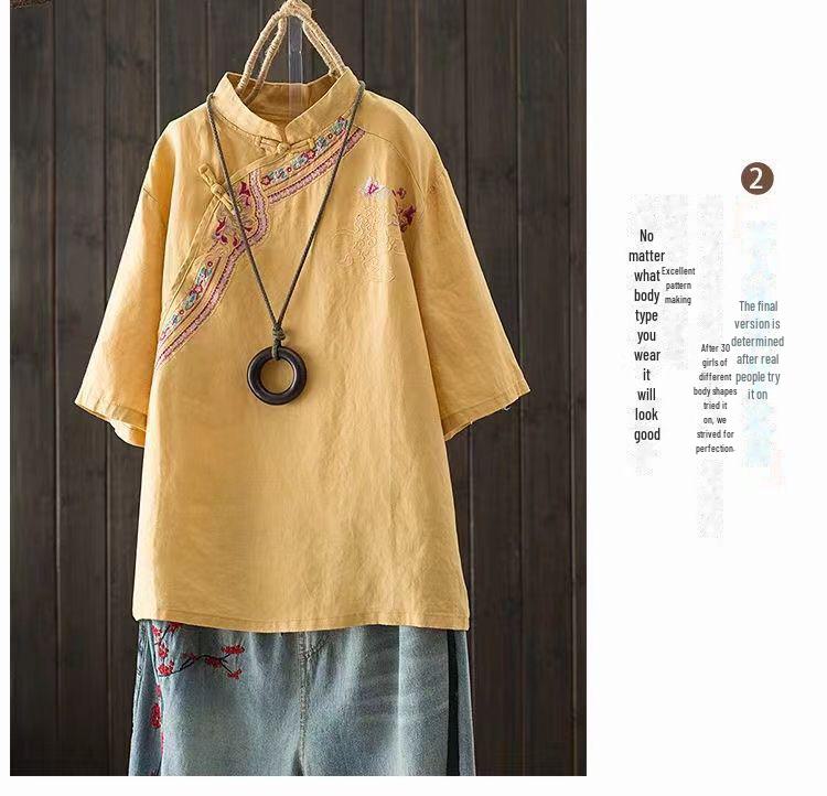Летняя женская рубашка в национальном стиле с вышивкой из хлопка и льна с коротким рукавом в стиле ретро