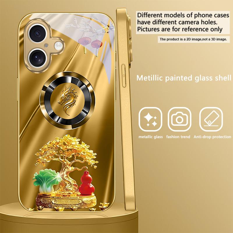 Дерево Сокровищ с Головой Лошади для iPhone 16E 15 Pro 14 13 Plus 12 mini 11 15Pro 14Max 13Plus XR Xs 16 Pro Max Золотой стеклянный чехол для телефона