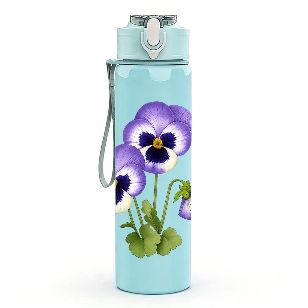 1PC Purple Pansy Flower Bouquet 750ml Color Plastic Sports Water Bottle Leakproof Flip Straw Lid Suitable for Sports Office Home Use