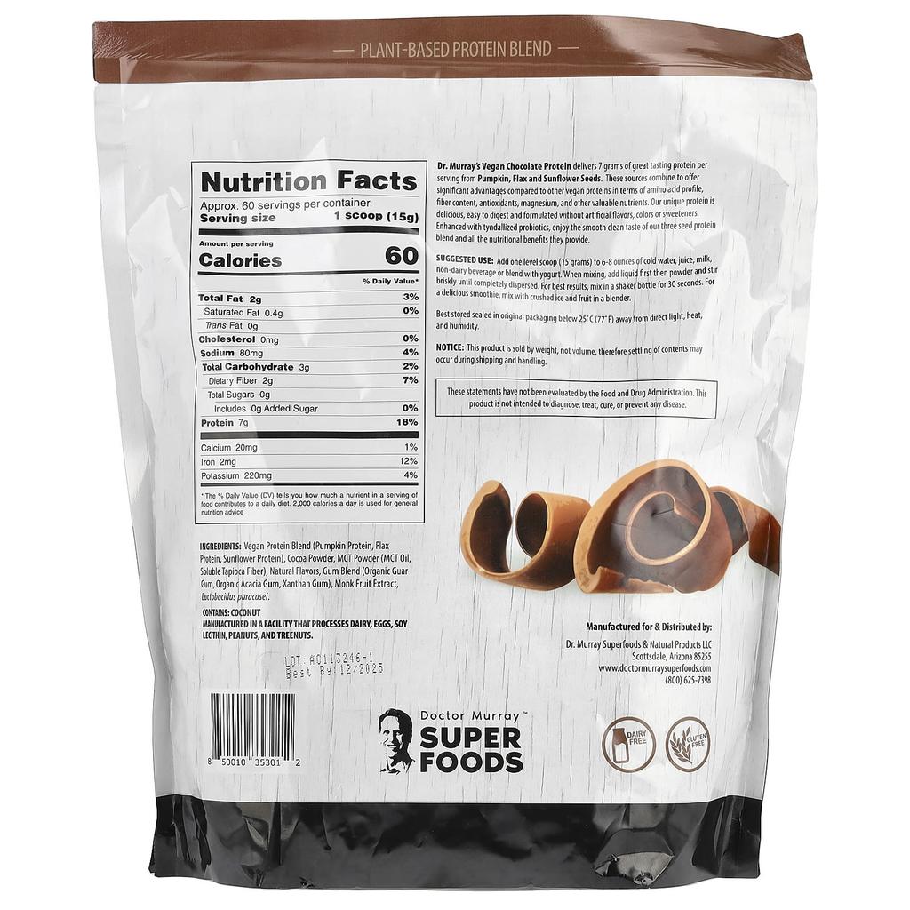 Dr. Murray's Superfoods, 3-Seed Protein Powder, Pumpkin + Flax + Sunflower, Chocolate Flavor, 2 Lb (908 G)