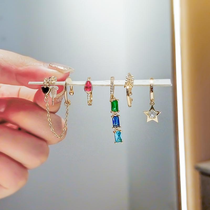 ANENJERY Цветной циркон, кулон, серьги-кольца со звездой для женщин, цепочка-клипса в форме сердца, набор серег из 6 предметов