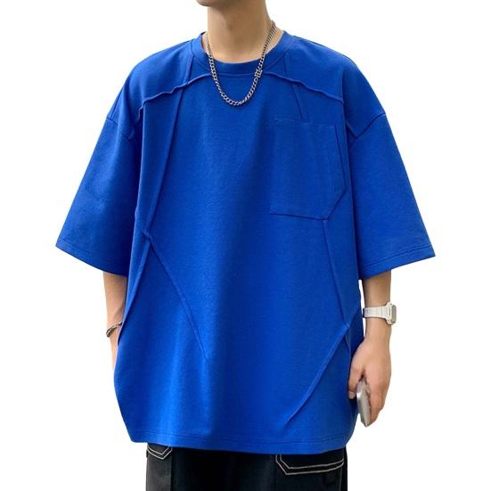 Summer Men Top O Neck Three Quarter Sleeves Chest Pocket Patchwork Loose Plus Size Mid Length Pullover Solid Color Hip Hop Streetwear Daily T-shirt