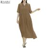 Women Casual V-Neck Half Sleeve Solid Color Loose Long Dress