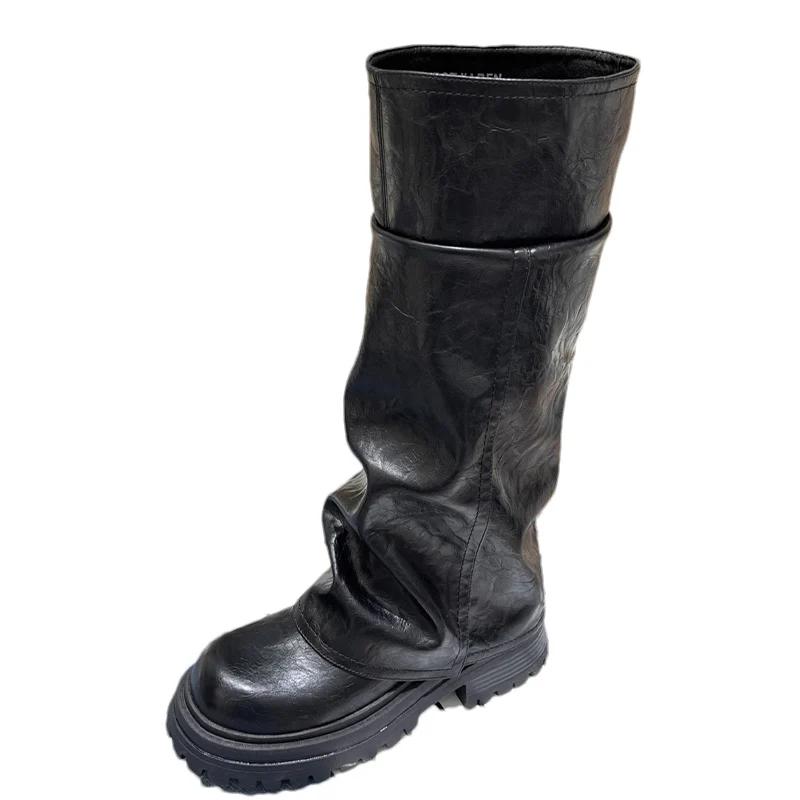 Женские высокие сапоги на платформе из натуральной кожи, модные туфли до колена и на среднем каблуке, тренд 2025 года, готические зимние мотоциклетные ботинки для женщин