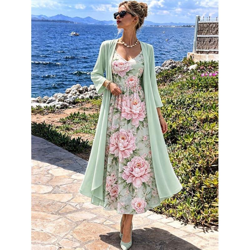 MGHR Women's Fashion V-Neck Long Sleeve Summer Spring Solid Color Print Casual Dresses