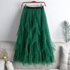 Qooth Summer Long Maxi Skirt Women FCute High-waisted Pleated Kawaii Tulle Skirt Mesh Gauze QT1240