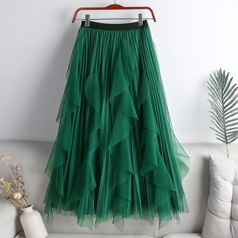 Qooth Summer Long Maxi Skirt Women FCute High-waisted Pleated Kawaii Tulle Skirt Mesh Gauze QT1240