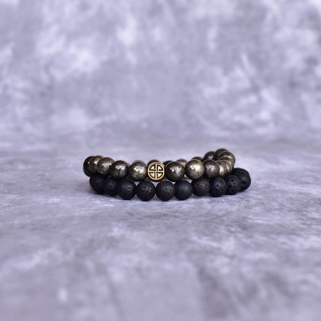 Natural Pyrite And Lava Beaded Bracelets Two Gemstone Stretchable Bracelets For men Healing Gemstone Jewelry Unique Gifts for him