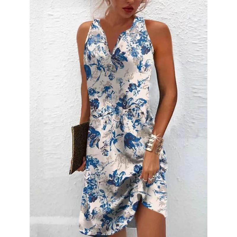 VEZFAA Women's Fashion Summer Spring Flower Pattern Print Sleeveless V-Neck Middle Waistline Casual Dresses