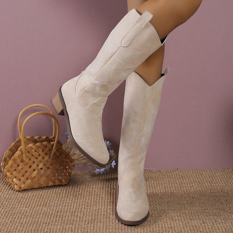 Retro Mid Length Embroidered Western Cowboy Boots Pointed Toe V neck Non Slip Knight Riding Boots for Women Fashion Winter Daily Wear