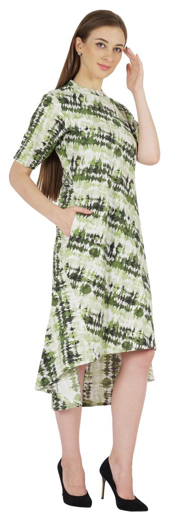 Phagun Printed Cotton Dress W Pockets Mandarin Collar Asymmetrical Knee Length Dress For