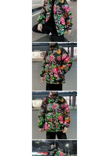 Men's Large Floral Cotton-Padded Jacket - Winter Thickened, Trendy Plus Size, Loose Fit, Short Outerwear