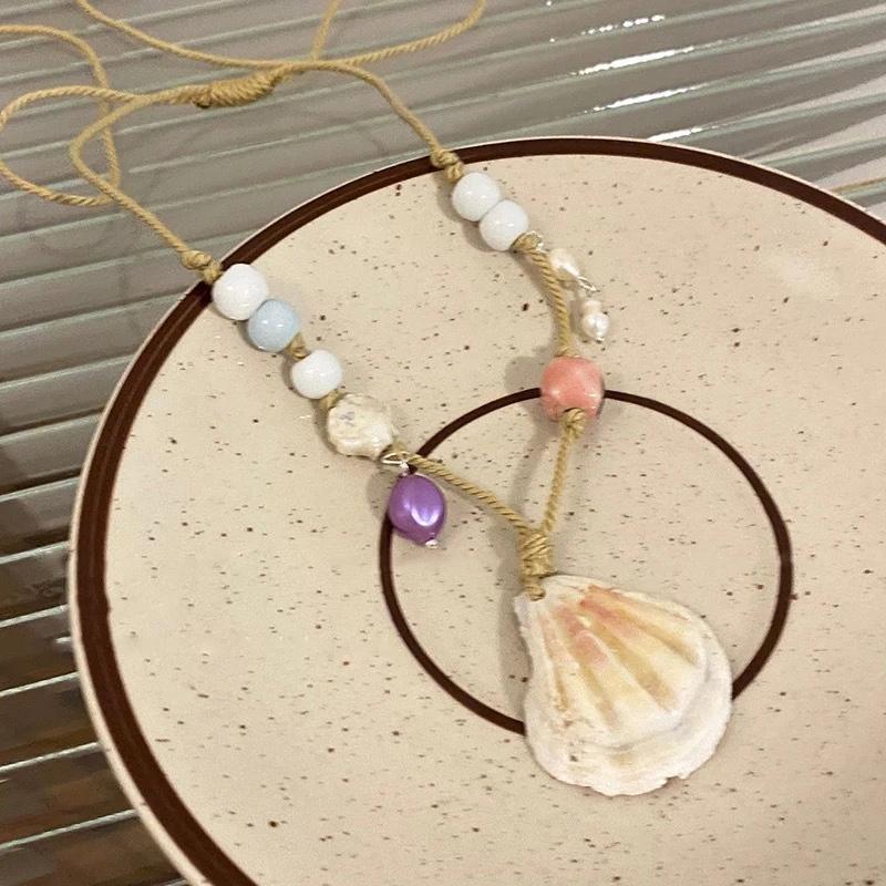 Y2K Colorful Beads Shell Pendant Choker Adjustable Necklace for Women Girl Clavicle Chain Romantic Sweet Aesthetic Jewelry Party