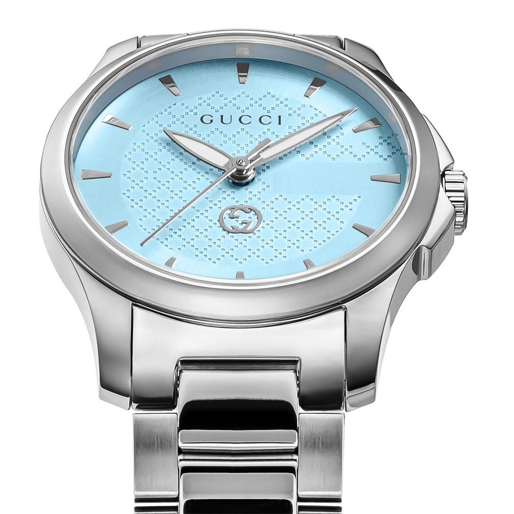 Gucci G-Timeless Women's Quartz Wristwatch 27MM Stainless Steel Turquoise Blue Dial Sapphire Glass Silver