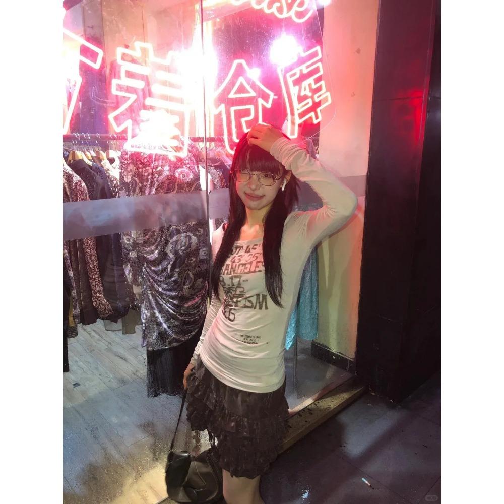 Японская футболка с принтом букв Y2k, дрянной стиль 2000-х, топы с длинным рукавом, винтажная уличная одежда в стиле Харадзюку, американское ретро