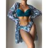 3 предмета бикини с высокой талией и длинным рукавом кимоно купальник 2025 женский принт купальник женский купальный костюм для плавания пляжный костюм лето