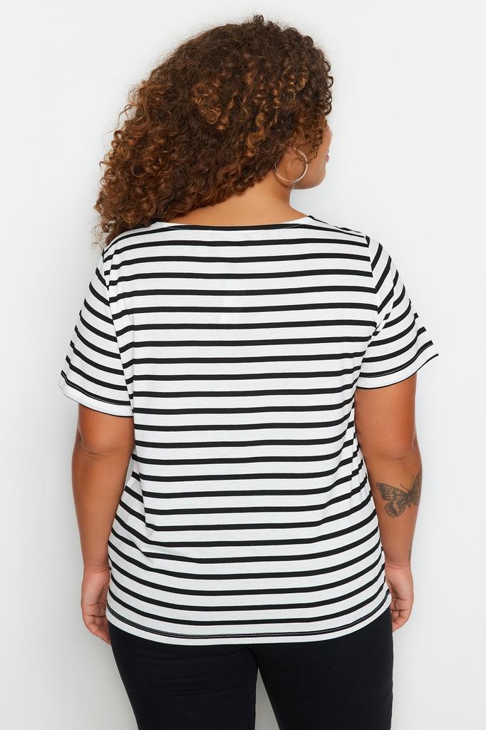 Women's Style Plus Size Black-White Striped Boat Neck Knitted T-shirt