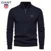 Embroidered Stand Up Collar Cotton Men's Sweater Casual Half Zipper Solid Color Pullover High-quality Men's Knitted Sweater