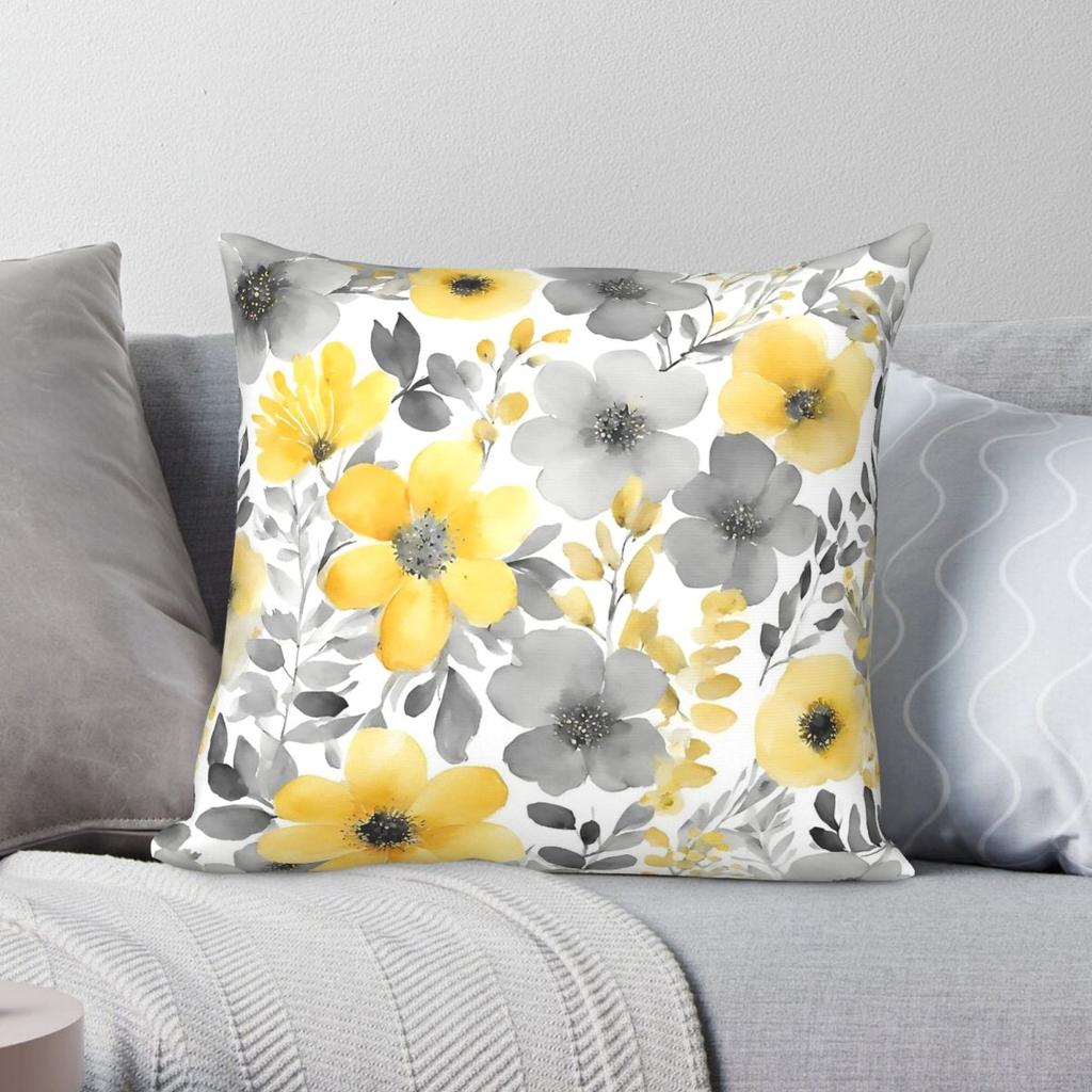 Yellow And Gray Floral Pillowcase Polyester Linen Velvet Pattern Zip Decor Pillow Case Bed Cushion Case 45x45