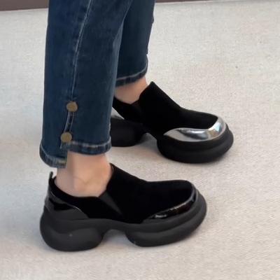 Версия из мягкой кожи~ ретро маффин подошва толстая подошва увеличивающие рост лоферы женские матовые на одной педали круглый носок простые маленькие кожаные туфли