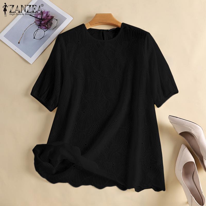 ZANZEA Летние повседневные кружевные вязаные крючком топы с круглым вырезом и половиной рукавов