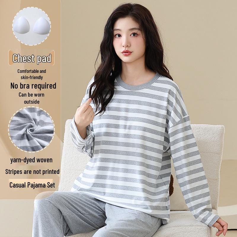 Женская осенняя пижама с круглым вырезом, в полоску, с длинным рукавом и нагрудными вкладышами - Повседневный комплект больших размеров для дома и улицы