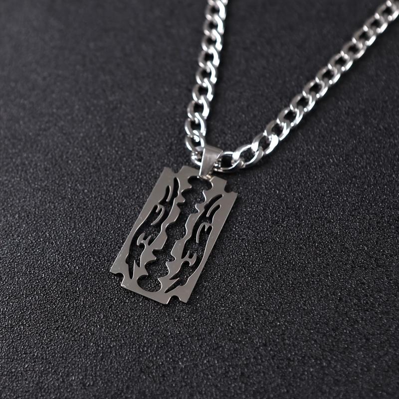 Men's Cuban chain necklace with blade pendant - made of stainless steel, avant-garde hip-hop style, bold layering design.