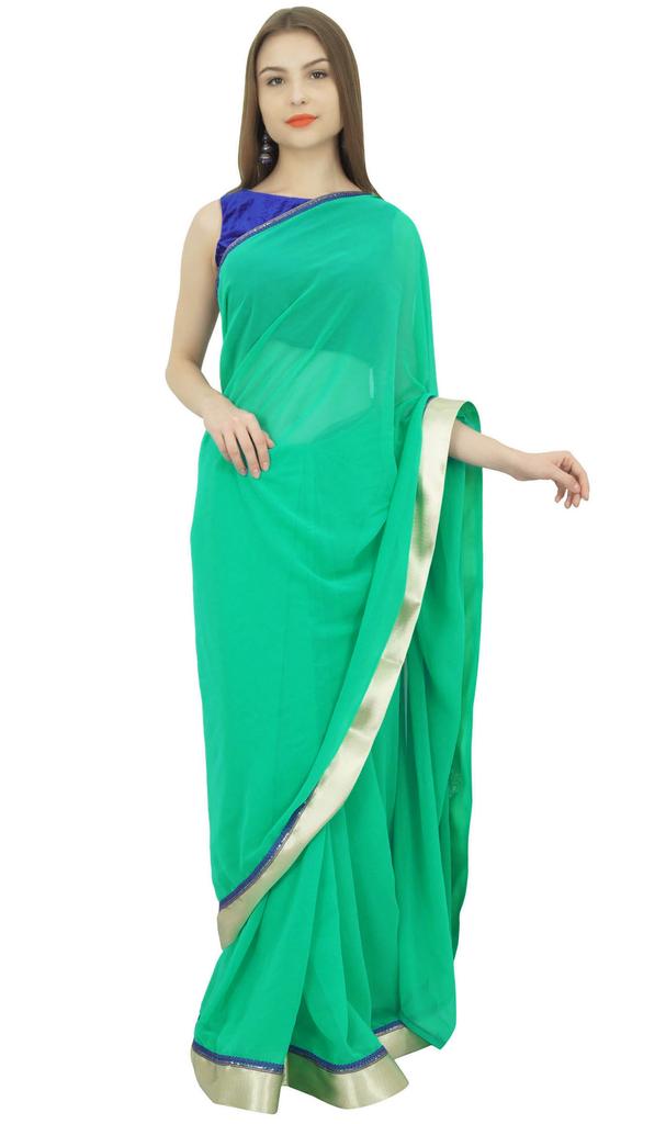 Atasi Ethnic Sea Green Women's Georgette Saree With Unstitched Blouse Piece