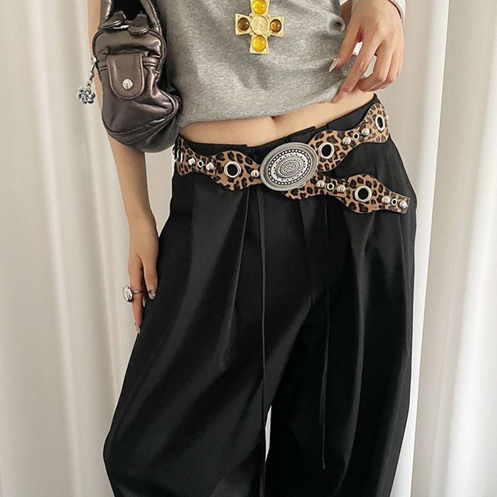 Vintage Women's Rivet Belt Leopard Dress Jeans Belt Leather Waistband  Waist Accessories