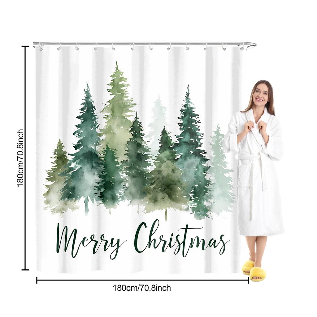 Набор из 4 предметов: Занавеска для душа для ванной комнаты с рисунком рождественских елок, Занавеска для ванной с 12 крючками, Нескользящие коврики, Коврик для крышки унитаза, Перегородка для ванной комнаты
