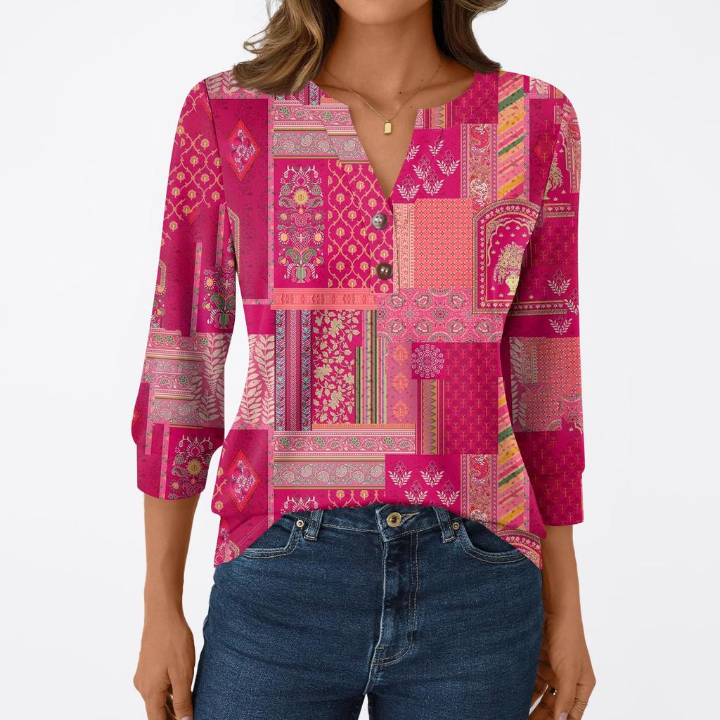 Женская модная повседневная футболка с рукавом 3/4, с принтами, V-образным вырезом и пуговицами