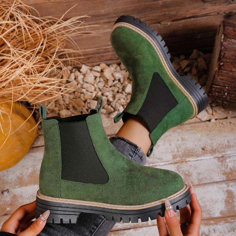 Women's Mid-Heel Round Toe Ankle Boots - Pull-On Two-Tone Fashion Booties for Spring/Fall, Wide Width Casual Slouch Boots