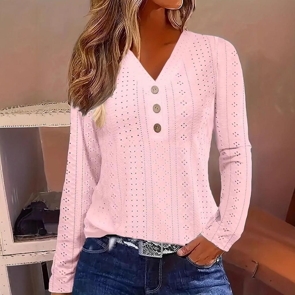Женская однотонная модная футболка с V-образным вырезом и длинными рукавами на пуговицах