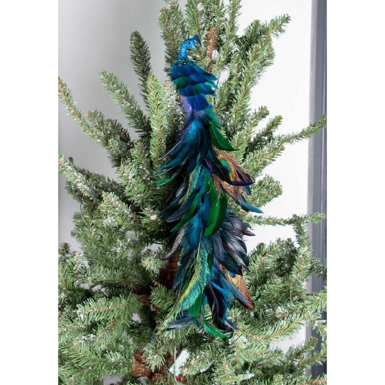 2Pcs Artificial Natural Feathered Peacocks with Long Tail Designs Christmas Tree Clip on Ornaments for Home Party Decor