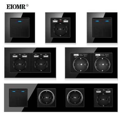 EIOMR Стандарт ЕС 16А Закаленное Хрустальное Стекло Панель Настенная Розетка с USB 5В 2.1А AC 110-250В Черная Тройная Четверная Розетка
