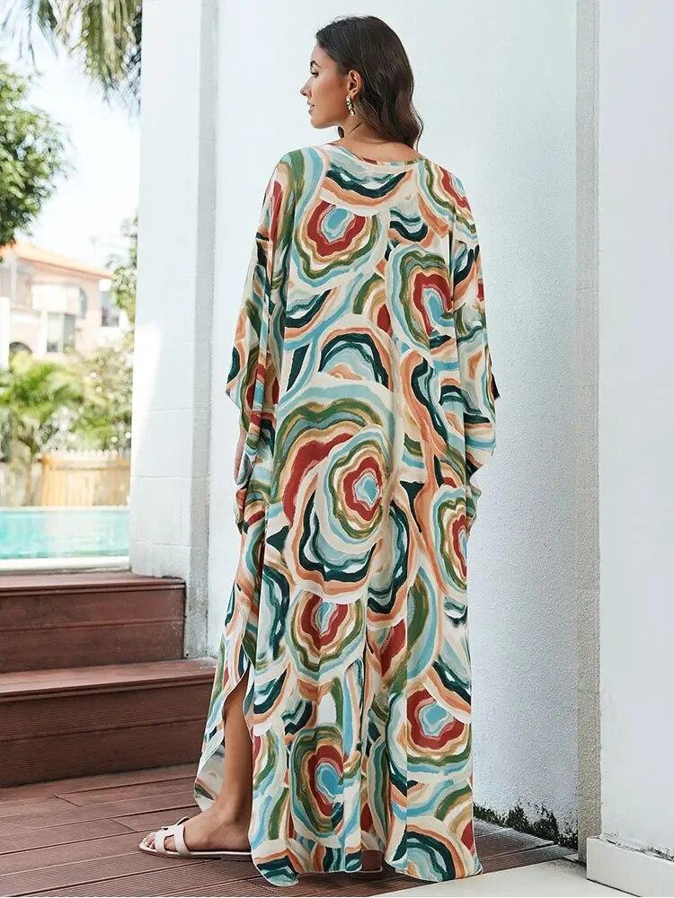 EDOLYNSA Кафтан больших размеров с богемным принтом, летнее длинное пляжное платье, женская домашняя одежда, купальный костюм, накидка, свободный кафтан