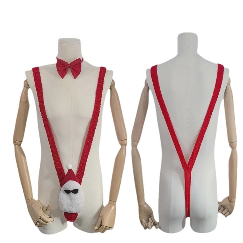 Мужской косплей Санта-Клауса Боди с V-образным вырезом и подтяжками