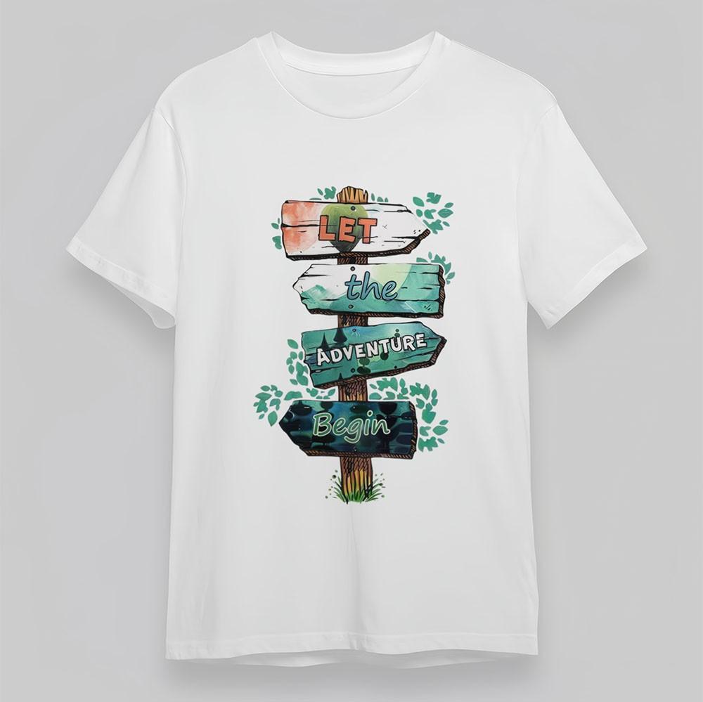 Women's Comfy T-Shirt Mens Womens Tees Top Adventure Begin Signboard Tee Cotton Short Oversize White