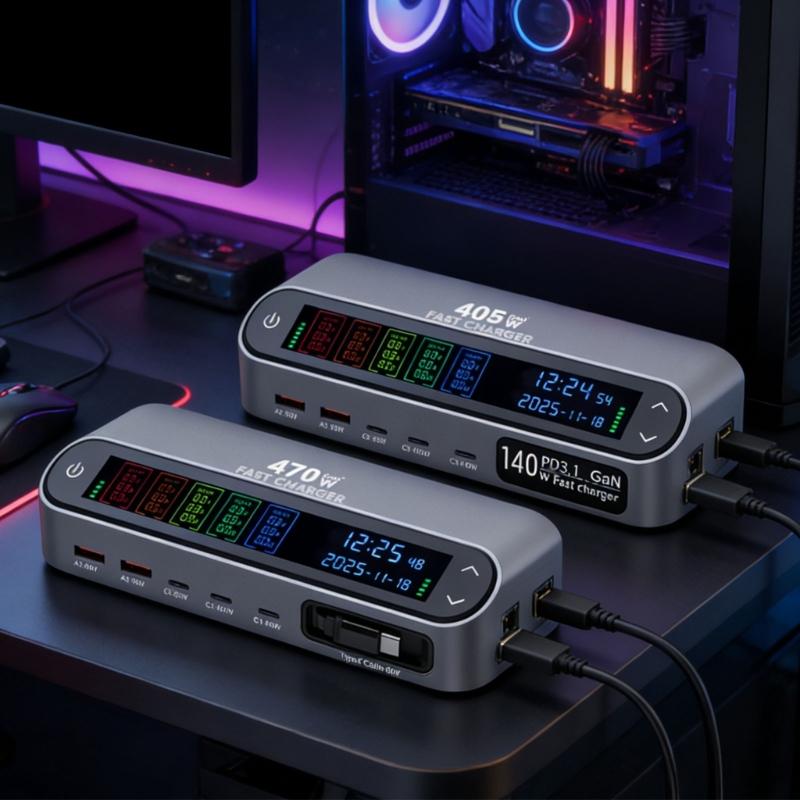 405W/470W Desktop Charging Dock With Full Color Digital Display And Retractable Type C Cable For Laptop Phone Tablets